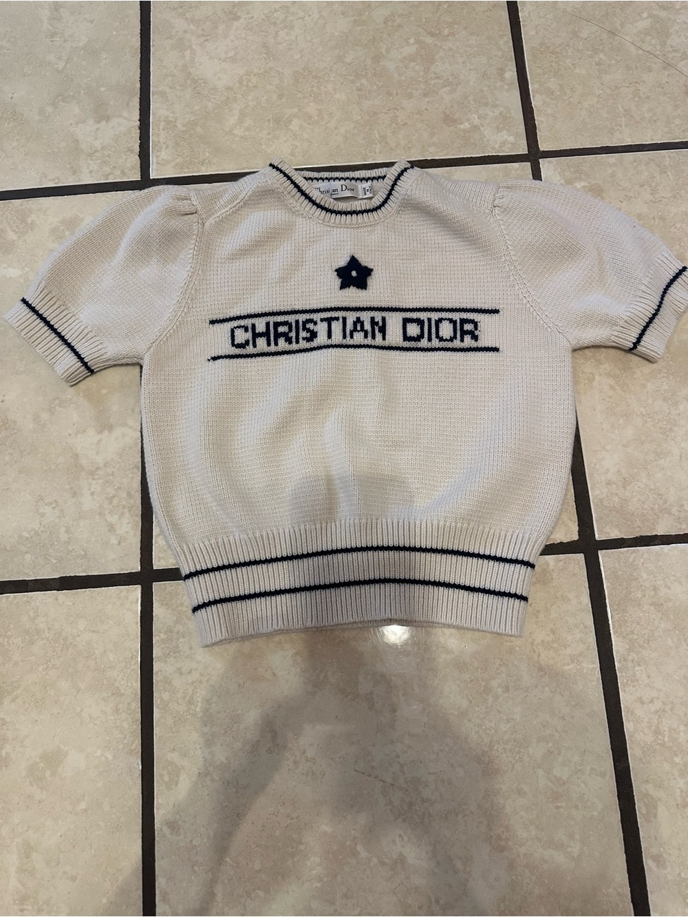 Dior Cream Knit Short-Sleeve Top with Navy Logo